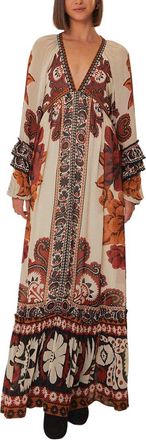 Farm Rio Farm Rio Winter Tapestry Sand V Neckline Long Sleeve Maxi Dress