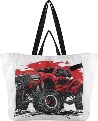 Generic Monster Truck Red print Reusable Canvas Tote Bag, Heavy Duty Grocery Shopping Bag with Large Capacity Double Handles Hard Bottom Work Groceries Travel