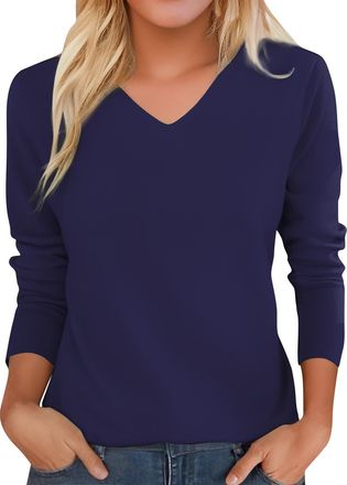 Generic Womens V Neck Jumpers Casual Ladies Sweaters Long Sleeve Tops Pullover Loose Fit Chunky Knitted T-Shirts,Blue,XL