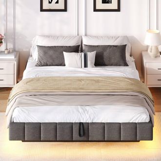 Merax 4ft6 Double Floating Upholstered Bed Frame with Hydraulic Storage in Grey