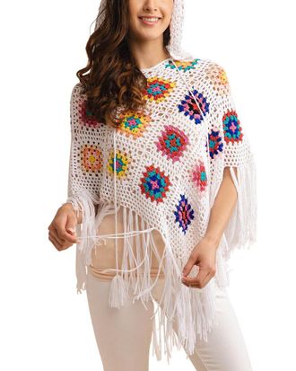 Saachi Saachi White Square Crochet Fringe Poncho