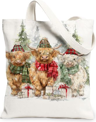 Generic Winter Highland Cattle Canvas Tote Bags, Festive Animal Print Reusable Grocery Bags, Lightweight Washable Shoulder Strap Ca, White, 13x15 Inch