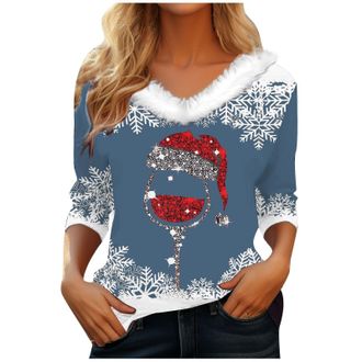 Generic KUIH Christmas Tops for Women UK 2024 Clearance,Fur Trim V Neck Tunic Tops Long Sleeve Tops Part Blouse Shirt Casual Tee Shirts Long Sleeves Xmas Swea
