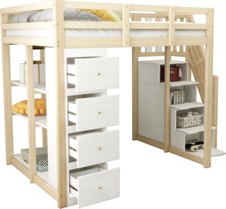 STILVORA Cama Alta 140 X 200 Cm Con 4 Cajones, Estantes Y Escalera Con Almacenamiento, Sin Colch&oacute;n, De Madera, Madera Natural