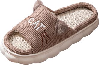 Generic Coffee Linen Cartoon Cat Slip-On Slippers for Women and Men Couples Home Casual Use Comfortable and Lightweight Cloth Material