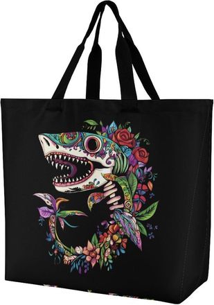 Generic Shark Sugar Skull Mexico Dia De Los Reusable Shopping Bags One Shoulder Grocery Tote Bag Waterproof Big Purse for Work Travel