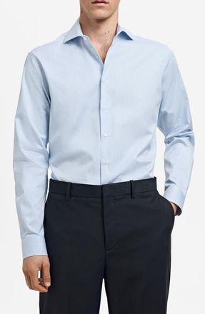 Mango Slim Fit Pinstripe Cotton Twill Button-Up Shirt in Sky Blue at Nordstrom, Size Xx-Large