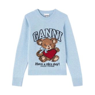 Ganni Teddy Graphic Jumper - Dames - Ronde hals truien - Blauw - L - Wol - Truien & Vesten