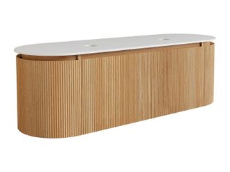 Vente-Unique Mueble de ba&ntilde;o suspendido estriado en madera de fresno con encimera de piedra sinterizada mate - Natural claro - An. 150 cm - LILIKO
