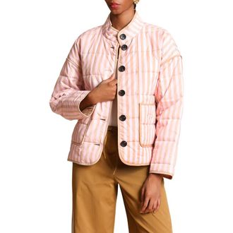 Avec Les Filles Stripe Boxy Quilted Cotton Blend Jacket in Pink-Taupe Stripe at Nordstrom, Size Xx-Small