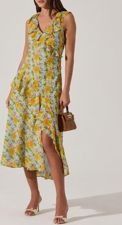 ASTR the Label Ruffle Sleeveless High-Low Midi Dress in Blue Multi Floral at Nordstrom Rack, Size Medium