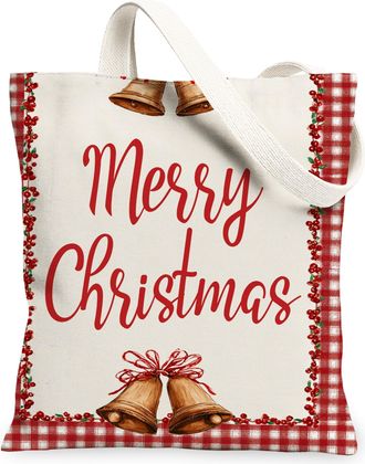 Generic Holiday Canvas Tote Bags, Festive Bell Design Reusable Shopping Bags, Rustic Checkered Lightweight Washable Shoulder Strap, Red, 13x15 Inch