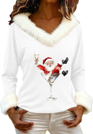 Generic Women Christmas Shirt 2025 Soft Plush Trim V Neck Novelty Xmas Print Tops Lady Long Sleeve Fashion Pullover Shirt (Z02-White, XXXL)