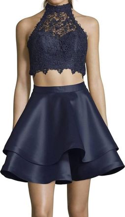 Alyce Paris Two Piece Halter Lace Mikado Cocktail Dress In Navy