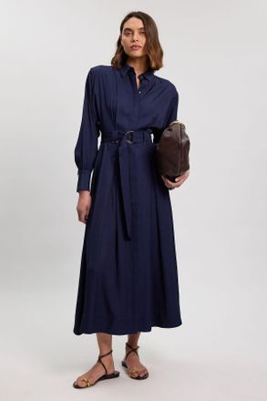 Karen Millen Womens Premium Viscose Linen Woven Shirt Dress With Gold Buckle Belt - Navy - Size 10 UK