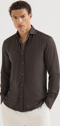 Brunello Cucinelli Virgin wool, silk and cotton chalk stripe piqu&eacute; shirt with spead collar in Brown at Nordstrom, Size Xxx-Large