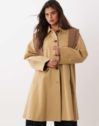 Nobody's Child trench coat di cotone midi con sciarpa rimovibile con cappuccio a quadri a contrasto beige-Neutro