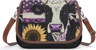 Generic U.S. Flag Cow Sunflower Leather Crossbody Bags for Women Messenger Handbag Purse Shoulder Bag