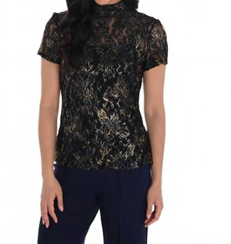 Frank Lyman Design Emmeline Embellished Floral Lace Short Sleeve Top In Navy And Gold