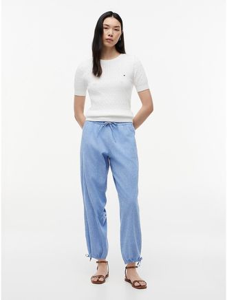 Tommy Hilfiger Womens Linen-Cotton Blend Pull-On Pant - Blue - XXL