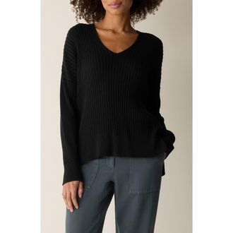 Eileen Fisher Cotton & Tencel lyocell Ribbed V-Neck Sweater in Black at Nordstrom, Size Xx-Small