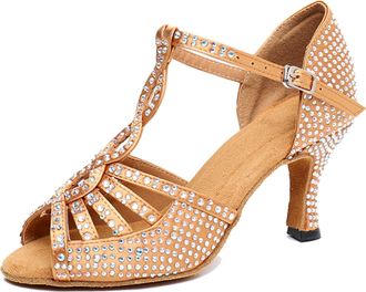 Minitoo Latin Ballroom Shoes for Women Rhinestones Beaded Wedding Formal Party Sandals X2218 Brown 7.5cm Heel UK 5