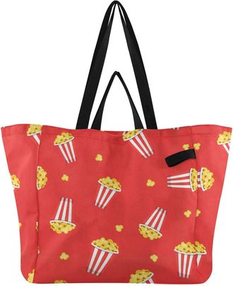 Generic Popcorn Red pattern Reusable Canvas Tote Bag, Heavy Duty Grocery Shopping Bag with Double Handles Hard Bottom Large Capacity Work Groceries Travel