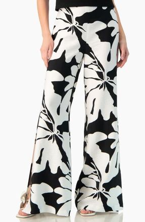 Ivonne Bold Floral Print High-Waist Wide-Leg Side-Slit Trousers in Black at Nordstrom, Size 14