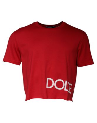 Dolce & Gabbana Red Logo Print Cropped Crew Neck Mens T-shirt