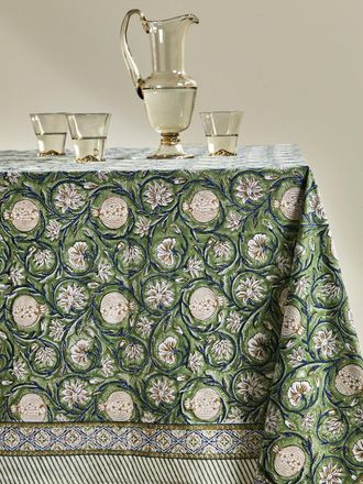 Chamois Tangier Pomegranate Block-Printed Cotton Rectangular Tablecloth