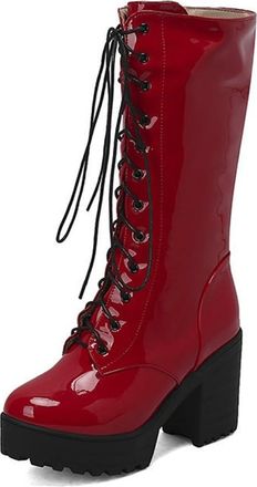 Generic Womens Lace Up Mid Claf Riding Boots Chunky Platform Round Toe Punk Shoes with Side Zipper (7.5,Red)