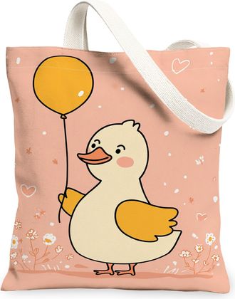 Generic Cute Duck Canvas Tote Bags, Playful Animal Design Reusable Grocery Bags, Lightweight Washable Shoulder Strap Canvas for Sho, Peach, 13x15 Inch