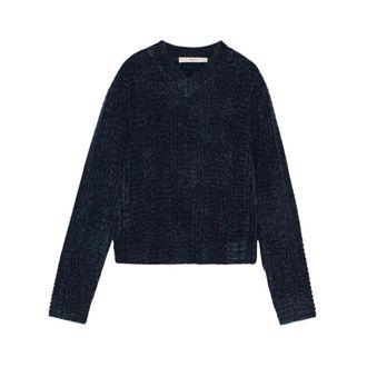 Remain Gezellig Gebreide Trui - Dames - V-hals truien - Blauw - 2XL - Wol - Truien & Vesten
