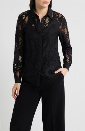 Anne Klein Lace Button-Up Shirt in Anne Black at Nordstrom, Size Large