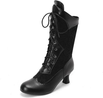 Generic Womens Round Toe PU Leather Short Boots Lace Up Gothic Punk Boots Mid Kitten Heel Cosplay Mid-Calf Boot,Black,10.5 UK