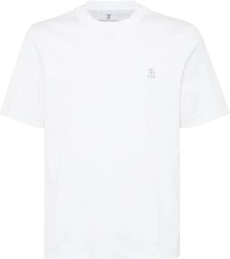 Brunello Cucinelli Witte trui met ronde hals - Heren - T-shirts - Wit - 3XL - Katoen - Tops