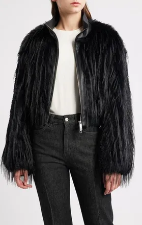 BOSS Cecool Faux Leather & Faux Fur Crop Jacket in Black at Nordstrom, Size 16