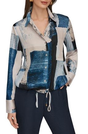 DKNY Drawstring Hem Long Sleeve Shirt in Washed Indigo/Cream at Nordstrom, Size X-Large