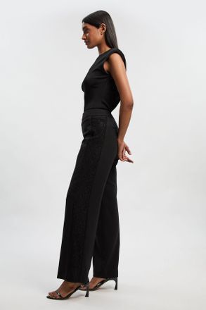 Karen Millen Womens Compact Stretch Lace Mix Tailored Wide Leg Trouser - Black - Size 12 UK