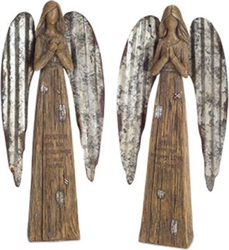 Melrose International Rustic Wood Sentiment Angel with Galvanized Metal Wings (Set of 2) - Brown; Grey