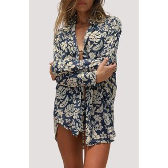 Stone Fox Swim Print Long Sleeve Cover-Up Shirtdress in Hibisco at Nordstrom, Size X-Small/small
