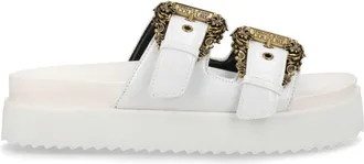 Versace Jeans Couture White Wide Straps Gold Buckles Sandals