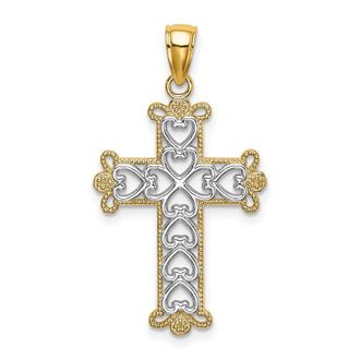 Diamond2Deal 14k Yellow Gold w/Rhodium Polished and Textured Beaded Cross Charm Pendant