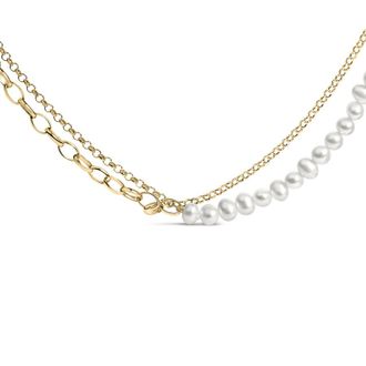 House of Brilliance 18K Yellow Gold Vermeil Cultured Pearl Strand Necklace with Rolo and Paperclip Chain