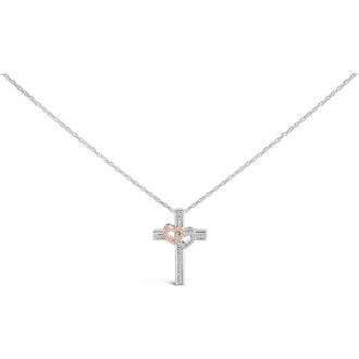 House of Brilliance 14K Rose Gold Plated Sterling Silver 1/10 Cttw Diamond Cross & Heart Pendant Necklace at Nordstrom