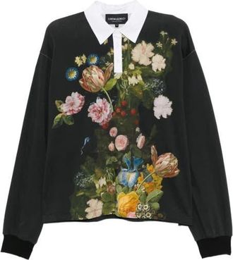 Cynthia Rowley Printed Cotton Rugby Shirt in Black Bouquet at Nordstrom, Size X-Small