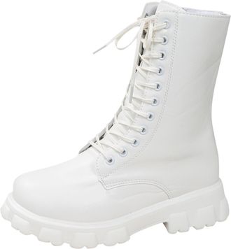 Generic Womens Lace-Up Mid Calf Combat Boots Fashion Chunky Grip Sole Boots Ladies Winter Retro Combat Goth Biker Military Army Shoes Side Zipper Platform Boo