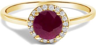 House of Brilliance 10K Yellow Gold Red Ruby and 1/10 Cttw Diamond Halo Ring