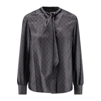 Gucci Zijden Twill Blouse met Strik - Dames - Blouses - Grijs - L - Overhemden