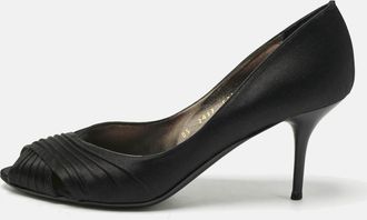 Ferragamo Black Pleated Satin Societe Peep Toe Pumps